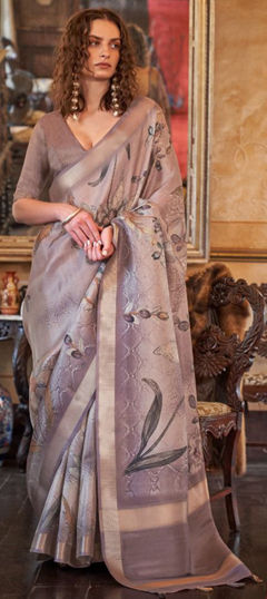 Beige and Brown color Saree in Organza Silk fabric with Digital Print, Floral, Weaving work