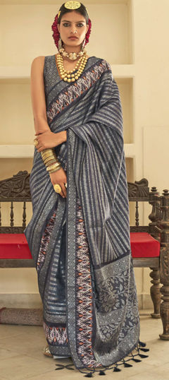 Black and Grey color Saree in Silk fabric with Weaving, Zari work