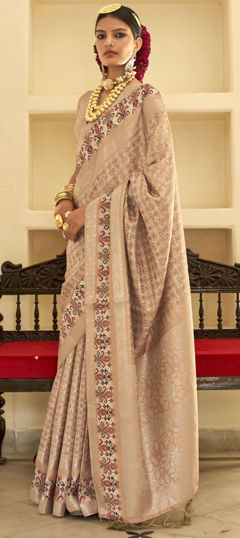 Beige and Brown color Saree in Silk fabric with Weaving, Zari work