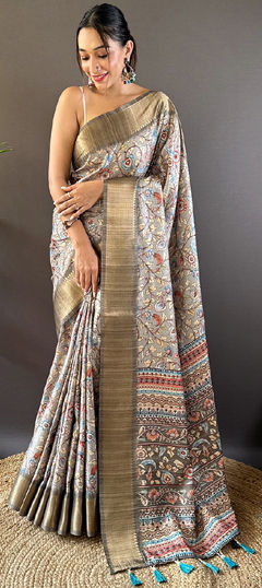 Black and Grey color Saree in Tussar Silk fabric with Printed, Weaving, Zari work