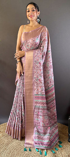 Purple and Violet color Saree in Tussar Silk fabric with Printed, Weaving, Zari work