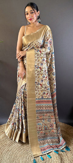 Beige and Brown color Saree in Tussar Silk fabric with Printed, Weaving, Zari work