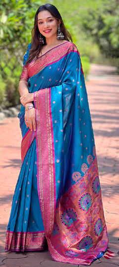 Blue color Saree in Art Silk fabric with Embroidered, Weaving work