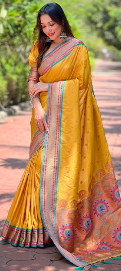 Yellow color Saree in Art Silk fabric with Embroidered, Weaving work