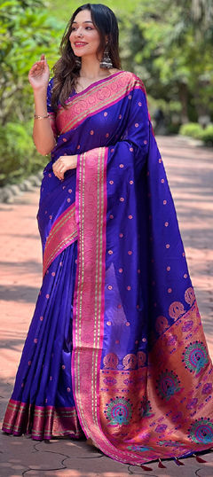 Blue color Saree in Art Silk fabric with Embroidered, Weaving work