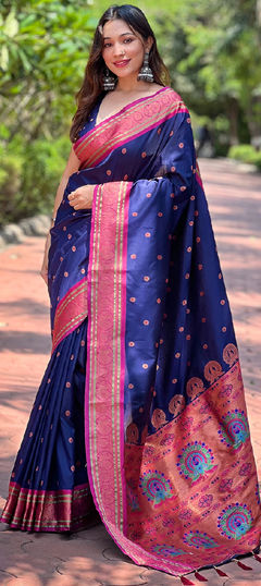 Blue color Saree in Art Silk fabric with Embroidered, Weaving work