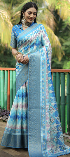 Blue color Saree in Art Silk fabric with Digital Print, Weaving work