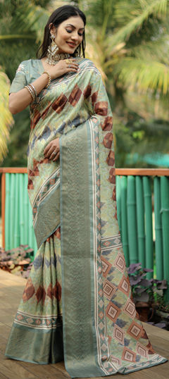 Black and Grey color Saree in Art Silk fabric with Digital Print, Weaving work