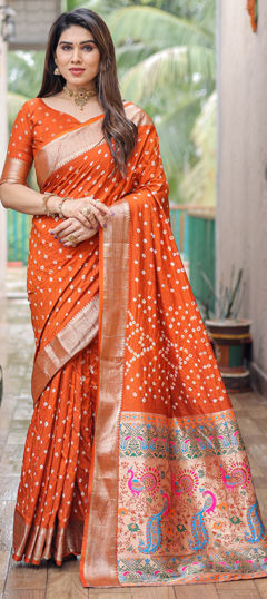 Orange color Saree in Art Silk fabric with Bandhej, Border, Printed, Weaving work