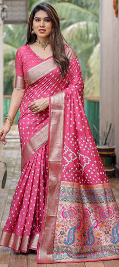 Pink and Majenta color Saree in Art Silk fabric with Bandhej, Border, Printed, Weaving work