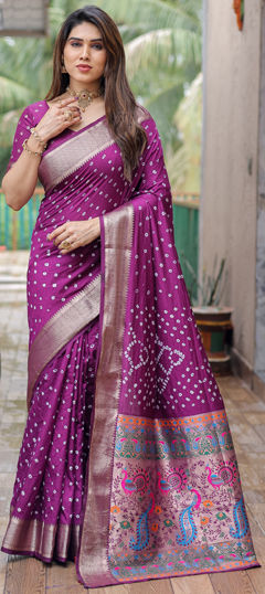 Purple and Violet color Saree in Art Silk fabric with Bandhej, Border, Printed, Weaving work