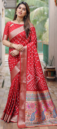 Red and Maroon color Saree in Art Silk fabric with Bandhej, Border, Printed, Weaving work