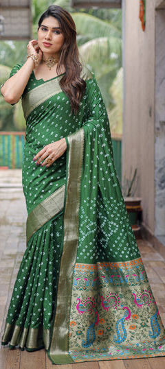 Green color Saree in Art Silk fabric with Bandhej, Border, Printed, Weaving work