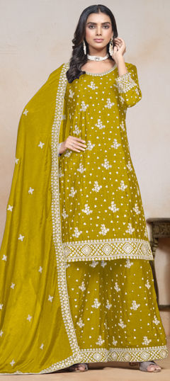 Yellow color Salwar Kameez in Art Silk fabric with Embroidered, Thread, Zari work