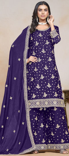 Purple and Violet color Salwar Kameez in Art Silk fabric with Embroidered, Thread, Zari work