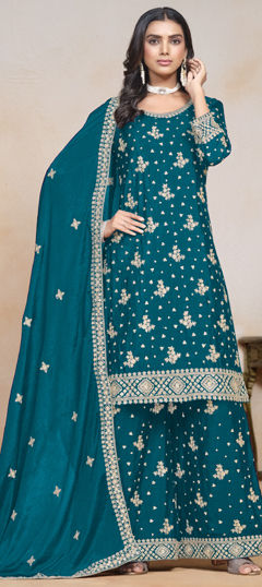 Blue color Salwar Kameez in Art Silk fabric with Embroidered, Thread, Zari work