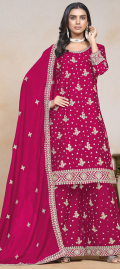 Pink and Majenta color Salwar Kameez in Art Silk fabric with Embroidered, Thread, Zari work