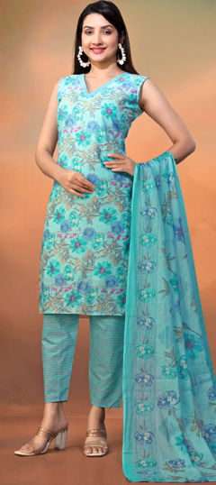 Blue color Salwar Kameez in Cotton fabric with Floral, Printed work