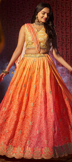 Orange color Lehenga in Organza Silk fabric with Bandhej, Embroidered, Printed, Thread work