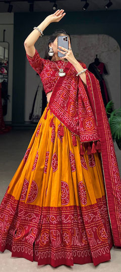 Festive, Navratri Multicolor color Lehenga in Tussar Silk fabric with Flared Bandhej, Printed work : 1971039