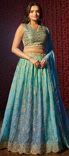 Bridal, Wedding Blue color Lehenga in Organza Silk fabric with Flared Bandhej, Embroidered, Printed, Thread work : 1971040