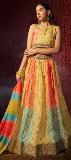 Yellow color Lehenga in Organza Silk fabric with Embroidered, Lehariya, Printed, Thread work