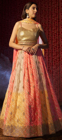 Multicolor color Lehenga in Organza Silk fabric with Embroidered, Lehariya, Printed, Thread work