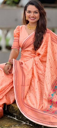 Pink and Majenta color Saree in Silk fabric with Thread work