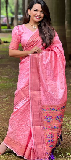 Pink and Majenta color Saree in Silk fabric with Thread work
