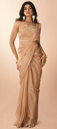 Pink and Majenta color Readymade Saree in Organza Silk fabric with Bugle Beads, Cut Dana, Sequence work