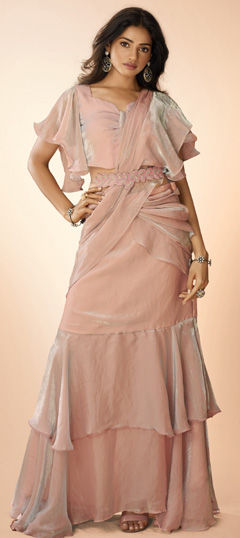 Pink and Majenta color Readymade Saree in Organza Silk fabric with Bugle Beads, Cut Dana, Sequence work