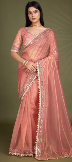 Pink and Majenta color Saree in Organza Silk fabric with Border, Embroidered work