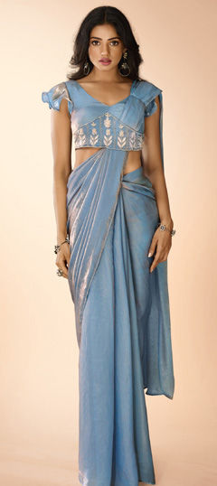 Blue color Readymade Saree in Organza Silk fabric with Bugle Beads, Cut Dana, Sequence work