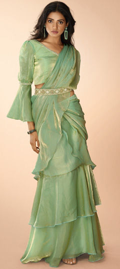 Green color Readymade Saree in Organza Silk fabric with Bugle Beads, Cut Dana, Sequence work