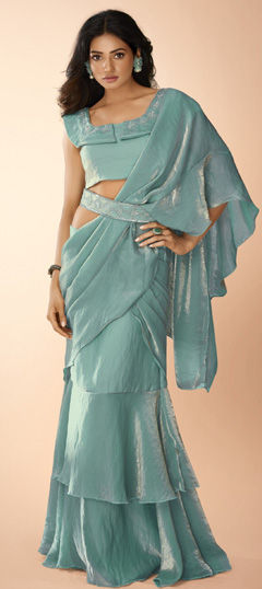 Green color Readymade Saree in Organza Silk fabric with Bugle Beads, Cut Dana, Sequence work