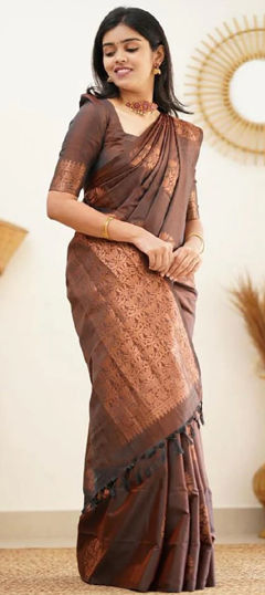 Beige and Brown color Saree in Art Silk fabric with Weaving work