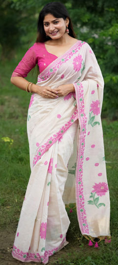 White and Off White color Saree in Cotton fabric with Floral, Printed work