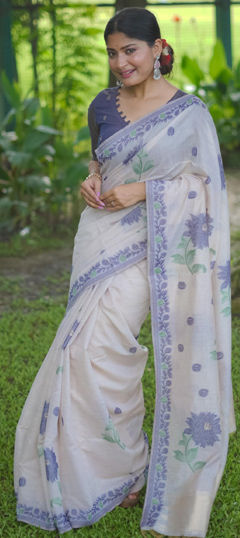 White and Off White color Saree in Cotton fabric with Floral, Printed work