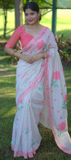 White and Off White color Saree in Cotton fabric with Floral, Printed work