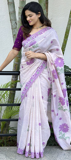 White and Off White color Saree in Cotton fabric with Floral, Printed work