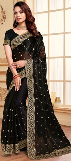 Black and Grey color Saree in Silk fabric with Embroidered, Sequence, Thread work