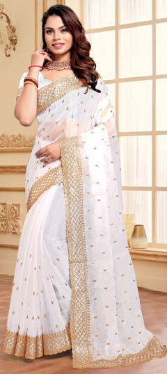 Engagement, Traditional, Wedding White and Off White color Saree in Silk fabric with South Embroidered, Sequence, Thread work : 1971110