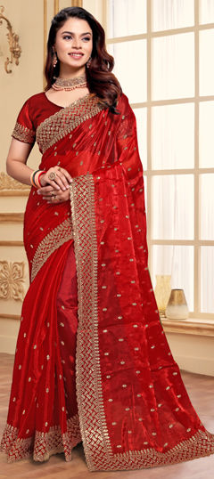 Engagement, Traditional, Wedding Red and Maroon color Saree in Silk fabric with South Embroidered, Sequence, Thread work : 1971111