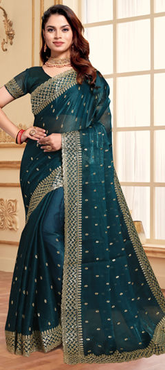 Engagement, Traditional, Wedding Blue color Saree in Silk fabric with South Embroidered, Sequence, Thread work : 1971112