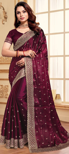 Purple and Violet color Saree in Silk fabric with Embroidered, Sequence, Thread work