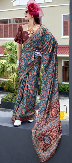 Blue color Saree in Satin Silk fabric with Printed work