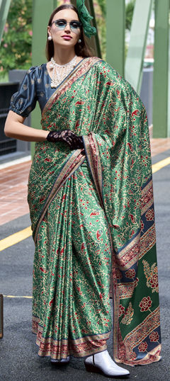 Green color Saree in Satin Silk fabric with Printed work