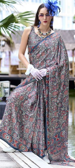 Black and Grey color Saree in Satin Silk fabric with Printed work