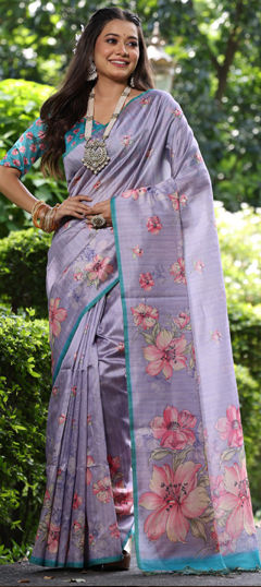 Purple and Violet color Saree in Tussar Silk fabric with Floral, Printed work