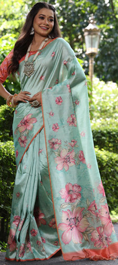 Blue color Saree in Tussar Silk fabric with Floral, Printed work